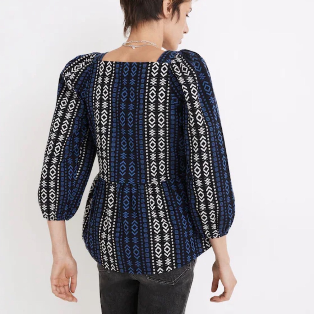 XL Madewell Blue and White Geometric Peplum Top - Picture 2 of 15